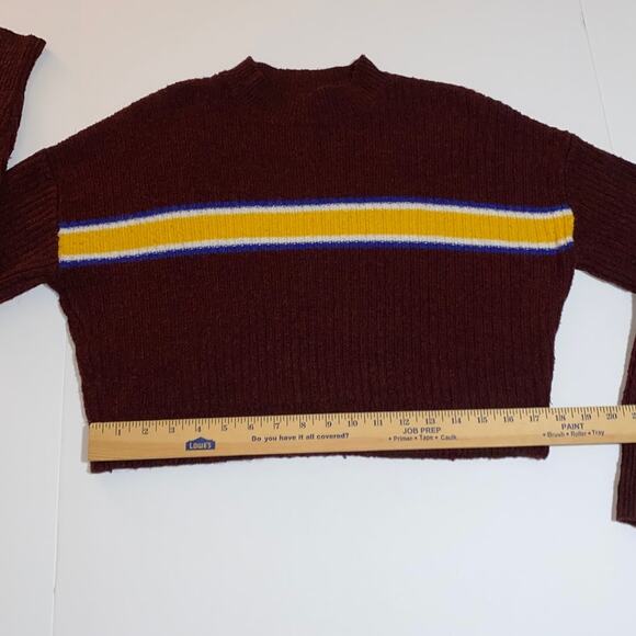 Varsity Striped Crop Sweater Preppy Size M Burgundy Yellow Blue School Pullover - Picture 6 of 10